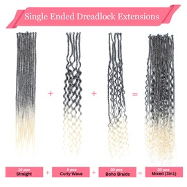 KRALER 24 Inch Mixed SE Dreadlock Extensions Sets, 3 in 1 20 Strands Synthetic Single Ended Dreads Extensions, Ombre Gray to Blonde Hippie Crochet Dreads Style for Girls