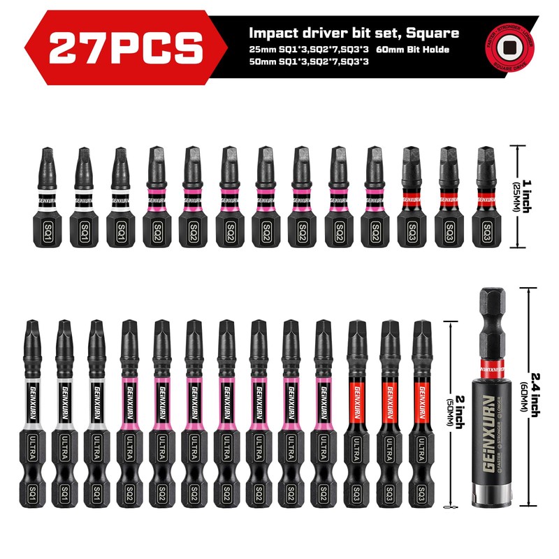 Geinxurn 26pcs 1” 2” Impact #1#2#3 Square Screwdriver Bits Set,(SQ1/SQ2/SQ3)