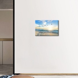 Framed Wall Art Canvas Ocean Decor Beach Bedroom Sunset Ocean Seagulls for Interior Bathroom Wall Décor Scenery Bed Dining Room Decorative 8x12inch (20x30cm), Seaside-02