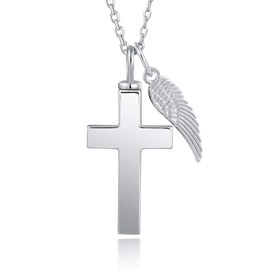 BEILIN S925 Sterling Silver Cross Urn Necklace for Women Men - Keepsake Memorial Cross Cremation Jewelry for Ashes(Angel Wings)