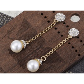 Alilang Cute Faux Pearl Chain Link Clear Rhinestone Silvery Tone Dangle Fashion Earrings
