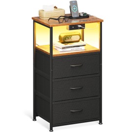Casaottima Night Stand with Charging Station, End Table for Bedroom Small Nightstand with Fabric Drawers, Tall Nightstand for Bedroom, Bedside Table, Vintage and Black