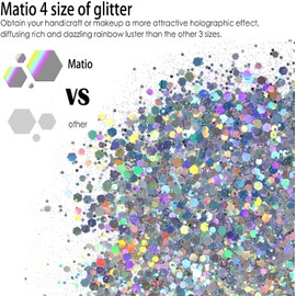 Matio Holographic Chunky Glitter, 7.8oz/220g Deluxe Silver Craft Glitter for Resin Chunky Nail Flake Sequin Mixed Fine Glitter Powder Bulk Holographic Glitter for Nails Tumbler Cosmetic Festival Decor