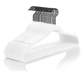 MIZGI Premium Velvet Hangers (50 Pack) Heavy Duty - Non Slip Felt Hangers - White Velvet Suit - Black Coated Hooks,Space Saving Clothes