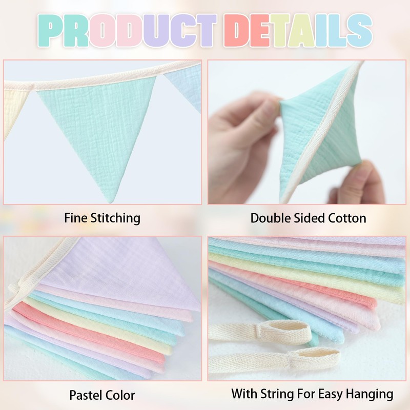 JUIIZAY Pennant Banner Flags Pastel Fabric Triangle Bunting Garland