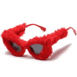 LASPOR Women Plush Fuzzy Cat Eye Sunglasses Punk Soft Velvet Shades Ladies UV400 Handmade Party Eyewear (Red)