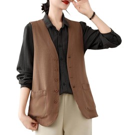 EDREES Women's Vest, Stylish, Summer Vest, Sleeveless, V-Neck, Casual, Gilet Vest, Top, Large Size, Linen Cotton, Waistcoat, Body Cover, Cardigan, Sleeveless, Front Opening, Jacket, Spring, Summer,