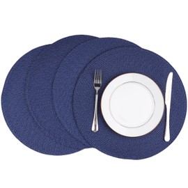 Round Braided Placemats Set of 4 Washable Easy to Clean Place Mats for Dining Tables Woven Non-Slip Heat Resistant Table Mats 15 Inch (Dark Blue)
