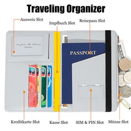 Passport Holder with RFID Blocker, Protective Case for Credit Cards, Passport, ID and Travel Documents, Travel Accessories/Travel Organiser, Multi-Compartment Zipped Wallet, Grey A, rfid wallet