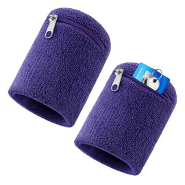 Sweatband Wrist with Bag, Pack of 2, Sports Wristband, Wrist Bag with Practical Zip Pocket, Cotton Sweatband Arm for Football, Basketball and Tennis Sports, Purple