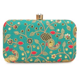 LONGING TO BUY Women's Designer Box Clutch, Zari Embroidery Clutch (Green & Golden)
