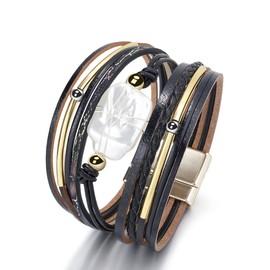 Leather Bracelet for Women Stackable Baroque Pearl Bracelet Layered Beaded Bracelets with Clasp Boho Leather Cuff Bracelets for Girls Gifts for Birthday Valentines Day (black)