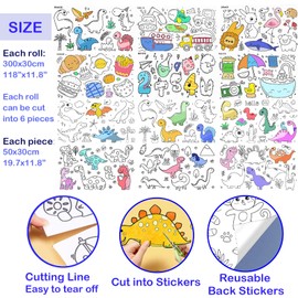 Coloring Paper Roll for Kids 2 Rolls, Sticky Children's Drawing Sheet Roll for Toddlers, 118x11.8″ Large Painting Page for Kindergarten Home Kids Birthday Party (6 Themes A + Dinosaur)