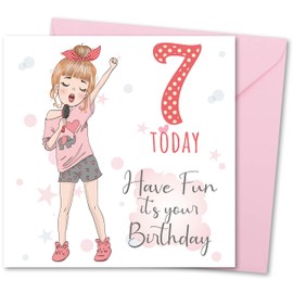 Birthday Card for Girl Age 7. Girl Birthday Card with Matching Envelope. Singing Girl design. Card size 148x148mm. Eco-friendly. Message inside. Printed and Packed in UK.