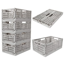 GOYADA 4 PCS Collapsible Crate, Plastic Folding Storage Crates, 30x20x12cm Small Stackable Storage Crates, Grey Plastic Folding Storage Baskets for Toy Kitchen Car Trunk Bedroom Office