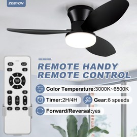 ZOEYON Small Ceiling Fan with Light - 35 Inch Flush Mount Ceiling Fans with Lights and Remote, Low Profile Ceiling Fan with 3 Reversible Blades, 6 Wind Speeds, Black Ceiling Fans for Bedroom Kitchen