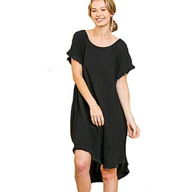 Umgee Lovable High Low! Linen and Cotton Frayed Hem Dress (Black, Small)