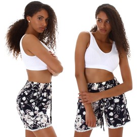 Jela London Women's Summer Shorts Floral Hot Pants High-Waist Pockets, D40 Blue