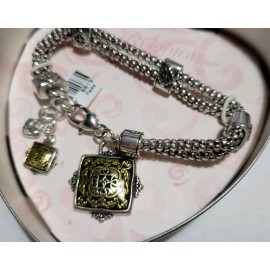Brighton Silver 2-strand Bracelet Square Medallion Gold Lucite Charm, NWT