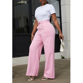 LAJIOJIO High Waist Dress Pants Women Casual,Wide Leg Business Pant Long Trousers with Pockets Pink