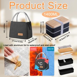 Aiuuee 1400 ml Lunch Box Set, Black, Lunch Boxes with 1.6 L Cool Bag, Children's Lunch Box with Compartments and Cutlery, Adult Lunch Box, Bento Box, Lunch Box, Breakfast Box for School