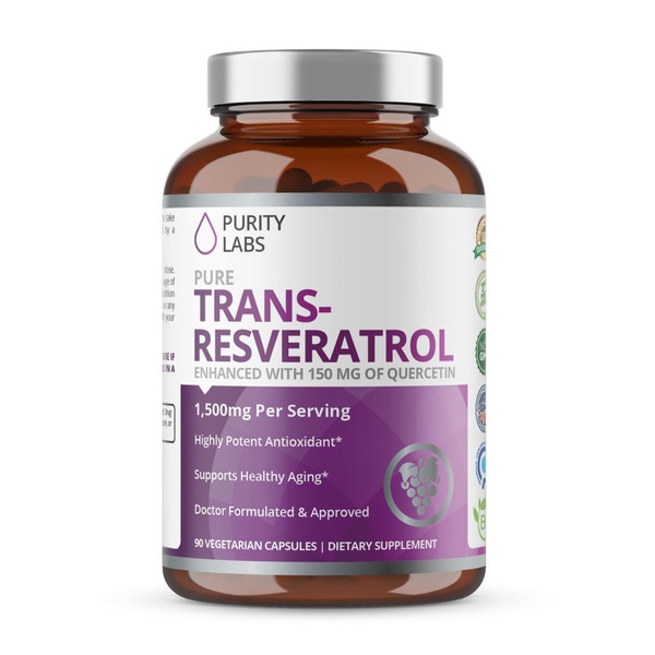 Purity Labs Pure Trans-Resveratrol Supplement + Quercetin 1500mg, Vegan Supplements for Heart, Skin Hair Nails, Anti Aging Antioxidant Supplement 90ct