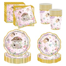 Falafoty Fairy Paper Plate Set, Elf Theme Tableware Party Supplies,Flower Elf Paper Plate, Cup,Napkin, Party Dinnerware Suit for Kids Girls Birthday Baby Shower Decor (Flower)