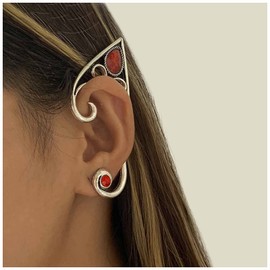 Cimenexe Gothic Elf Ear Cuff Earrings Retro Elves Fairy Earrings Elves Ear Crawler Earrings Silver Elf Contour Earrings Exaggerated Earrings Cuff Cartilage Earrings Ruby Cuff