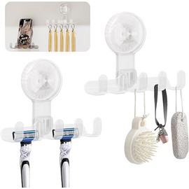 Strong Suction Cup Hook, Vacuum Shower Suction Cup Hook, 2 Pieces, Load Capacity 17.6 lbs (8 kg), Razor Holder, Includes 5 Hooks, Wall Hooks, No Damage, Bathroom, Bath, Kitchen, Office, Living Room
