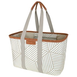 CleverMade Snapbasket LUXE Collapsible Tote - Geometric Taupe 1 Pack 30L / 8 Gal - Reusable Grocery Collapsible Storage Shopping Organizer
