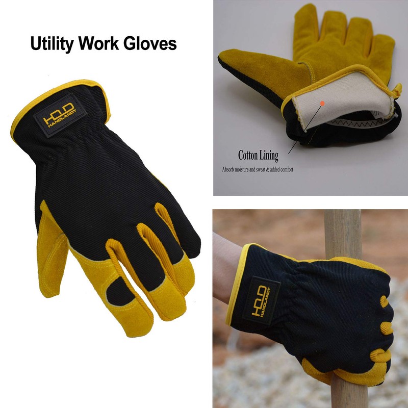 HANDLANDY Men Leather Gardening Gloves, Utility Work Gloves for Garden