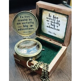 to Live Would Be an Awfully Big Adventure Antique Nautical Vintage Inspirational Quote Engraved Compass with Wooden Box Scripture - Peter PAN, Camping Compass, Graduation Day, Baptism Gift, Lovers.