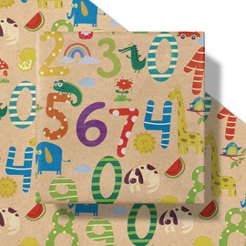 RUSPEPA Baby Shower Wrapping Paper Roll - 17 Inches x 16.4 Feet - Colorful Cartoon Number Design on Kraft Paper - for Boy or Neutral Gift Wrapping, Kids' Birthday Party and Baby Shower