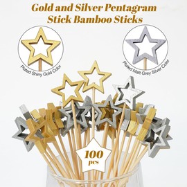 Pack of 100 Star Cocktail Skewers, Wooden Skewers, Finger Food Skewers, Christmas Cocktail Picks, Gold Star Party Picks, Toothpicks, Wooden Fruit Skewers for Barbecue, Fruit, Cupcake (Gold and Silver)