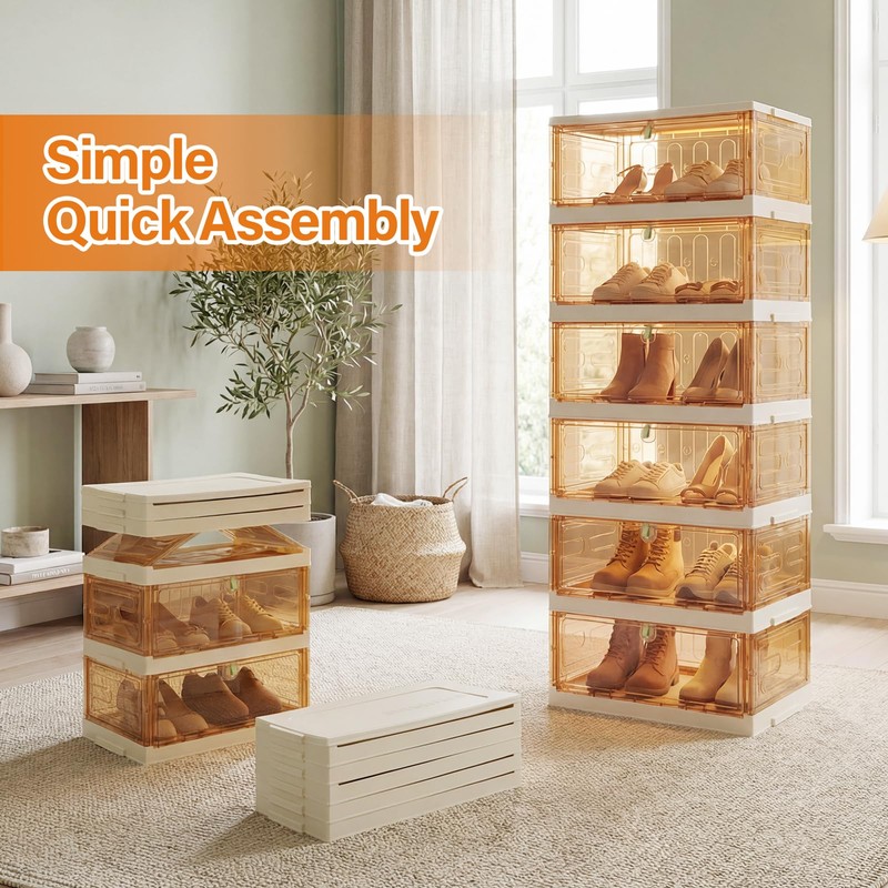 TIMBERHIDE Shoe Rack Organizer for Entryway/Closet,Stackable Magnetic-Door Shoe Boxes,Foldable Space-Saving