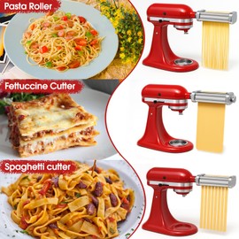 Pasta Maker Attachments Set for all KitchenAid Stand Mixer Included Pasta Sheet Roller （SU304）,8 Adjustable Thickness Settings Perfect for Spaghetti, Fettuccini, Lasagna or Dumpling Skin Silver