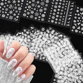 30 Sheets Christmas Nail Art Stickers Decals 3D Self-Adhesive Snowflake Nail Stickers White Snowmen Santa Claus Elk Nail Supplies Xmas Big Snowflake Nail Transfer Decal New Year DIY Nail Decals