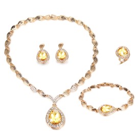 FUNOJOY Gold Jewelry Sets for Women Wedding Teardrop Crystal Necklace and Earrings Bracelet Rings Set Costume Jewelry for Prom Wedding