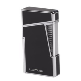 Lotus Apollo Cigar Lighter with Double Wind-Resistant Torch Flames, All Metal Housing, Integrated Cigar Punch, Large Flame Adjuster (Black Lacquer & Polished Chrome)