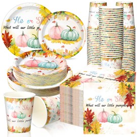 Hsei 250 Pcs Gender Reveal Pumpkin Plates and Napkins Party decorations Disposable Tableware Sets Baby Shower Birthday Party Supplies Serves 50 Guests Dinnerware Baby Bridal Shower Party Favors