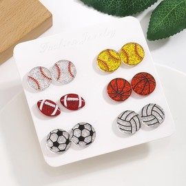 6 Pairs of Sports Ball Stud Earrings Set for Women, Acrylic Sequin Game Ball Basketball Football Tennis Volleyball Earrings for Sports Theme Game Day Jewelry Accessories