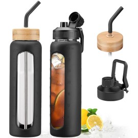 NOLOGLAZIC 32oz Glass Water Bottle with Straw and 2 Lids- Bamboo and Spout Lid,Motivational Sports Water Bottle with Silicone Sleeve and Time Marker,Reusable for Gym, Outdoors, Black