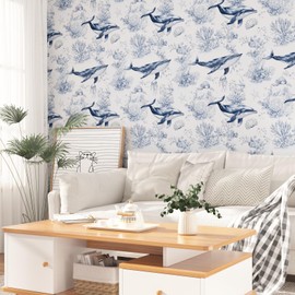 VOLEAAR Ocean Peel and Stick Wallpaper, Blue Coral Whale Removable Wall Paper for Nursery Bedroom Bathroom Cabinet, Waterproof Vinyl Contact Paper Self-Adhesive Wall Decor Navy White 17.5In x 118In