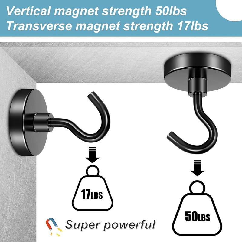 FINDMAG Pack of 6 Magnetic Hooks, Black, 22.7 kg +