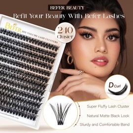 BEFER Lash Clusters, 240 Pcs D Curl Eyelash Clusters Volume Individual Lashes Extensions 10-16MM Fluffy Cluster Eyelash Wispy Cluster Lashes DIY At Home(70P)