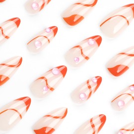 24Pcs Cute Medium Almond Press on Nails 3D Charms Pink Glitter Rhinestone Heart Pearl Bow Medium Almond Fake Nails False Nails and Accessories (Orange French Colored Pearl)