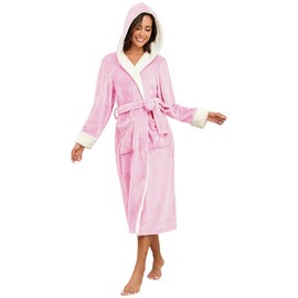 RONGTAI Women's Fleece Hooded Bathrobe Soft Plush Long Spa Robe Lightweight Fluffy Cozy Shower Bathrobe (L, Pink)