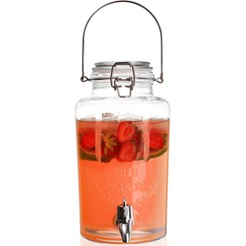 DEAYOU Glass Beverage Dispenser with Spigot, Cold Drink Ice Tea Dispenser with Trigger Clamp Locking Lid, Glass Mason Jar Lemonade Liquid Pitcher with Spout for Party, Fridge, Juice, Beer, 0.8 Gallon