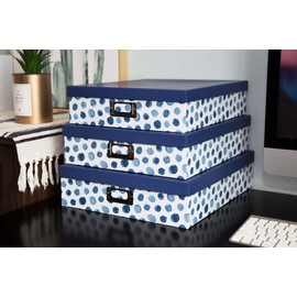 Soul & Lane Blue Spots Decorative Storage Boxes with Lids - Set of 3, Memory Boxes for Keepsakes, Nesting Cardboard Document Boxes for Organizing, Paper Letter Storage for Photos and Scrapbook