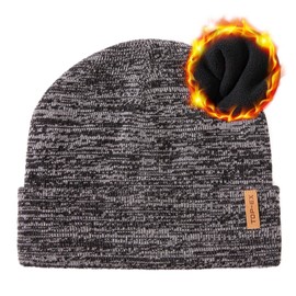 TOP-EX Winter Beanie Hats for Men Merino Wool Big Head Fleece Lined Cold Weather Hunting Running Ski Warm Large X-Large Black Mixed